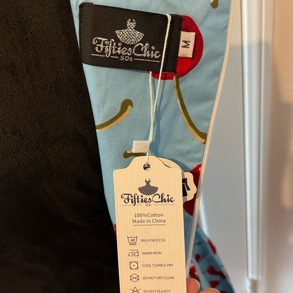 NWT womens PIN-UP BLUE DRESS WITH RED CHERRYS style dress SIZE MEDIUM - Picture 6 of 6